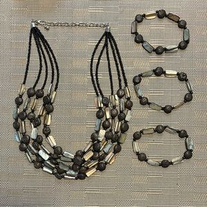 Premier Design black & silver iridescent stone necklace & bracelets.